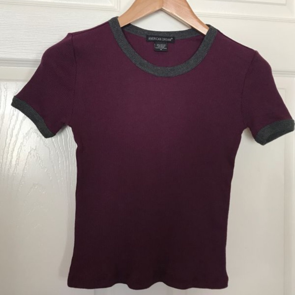 Plum purple short sleeve shirt with dark grey trim
